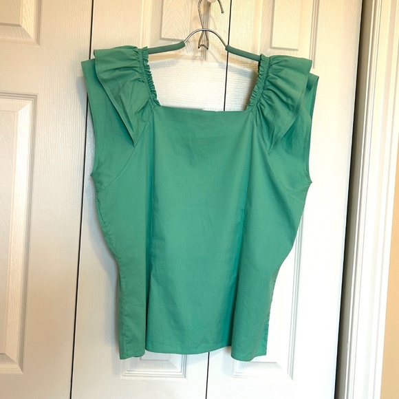 PRADA SPORT Square Neck Ruffle Short Sleeve Cotton Blend Top Green Size 44/US10 - Picture 7 of 16